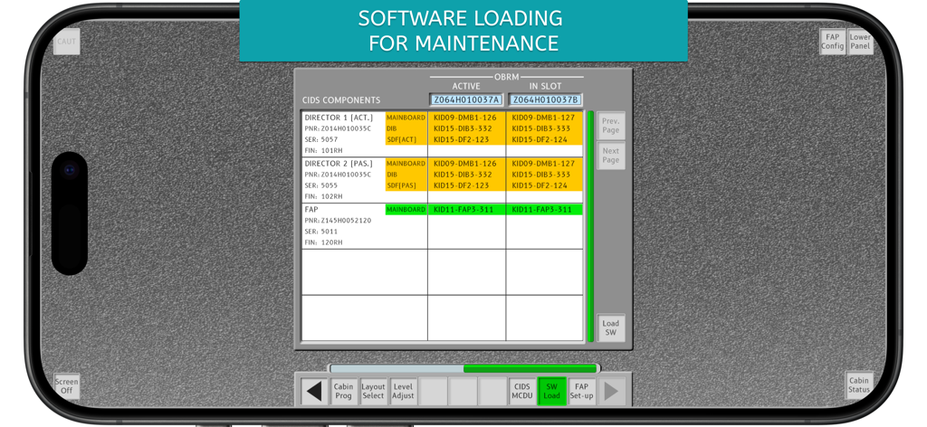A320 FAP Simulator - Interfaz del Simulador A320 FAP mostrando la pantalla de carga de software para mantenimiento de aeronaves.