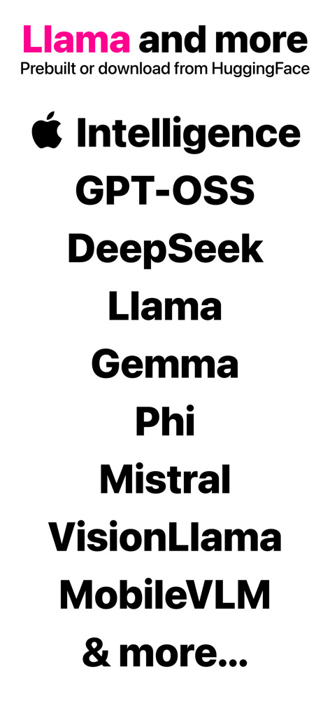 OfflineLLM: Private AI Chat - A list of supported offline AI models for the app including Llama, DeepSeek, Gemma, and Mistral.