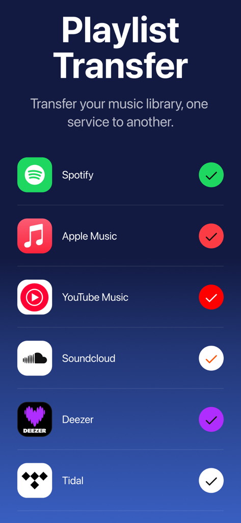 A list of music streaming platforms like Spotify and Apple Music supported by the Playlist Transfer app