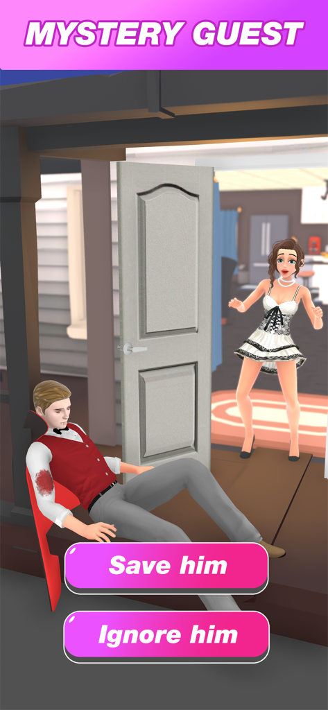 Become a Vampire Queen - Escena de historia interactiva en Conviértete en Reina Vampiro mostrando una elección entre salvar o ignorar a un vampiro herido en el umbral.