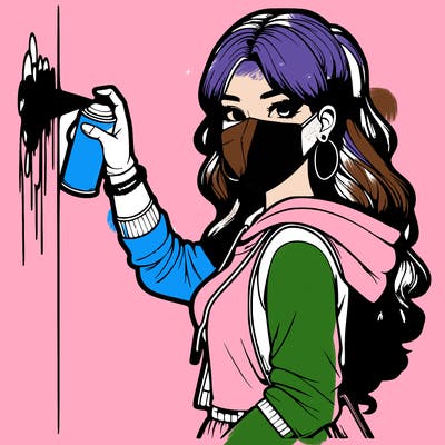 realistic girl with mask spray painting a wall