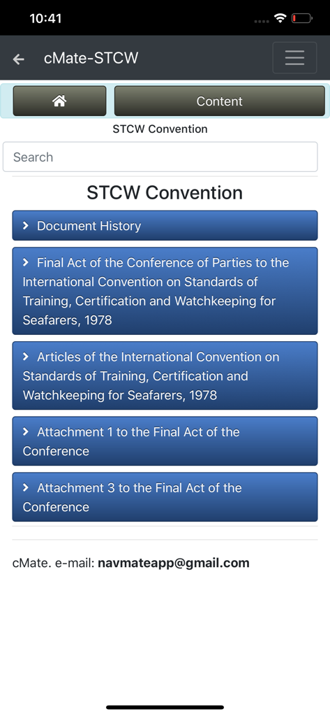cMate-STCW - cMate-STCW app interface showing the STCW Convention document menu and search bar