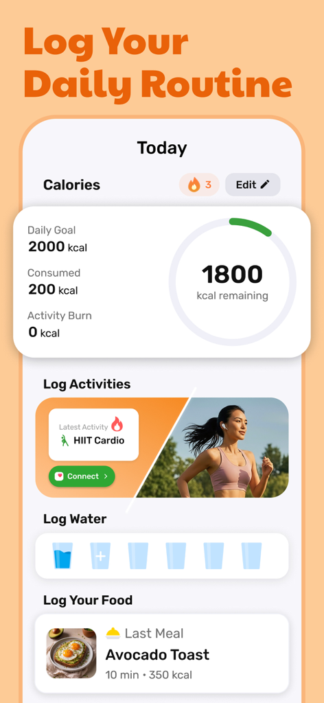 Calorie Counter - Eatwise AI - Interface do aplicativo Eatwise AI mostrando o progresso da meta de calorias diárias, registro de atividades e rastreamento de ingestão de água.