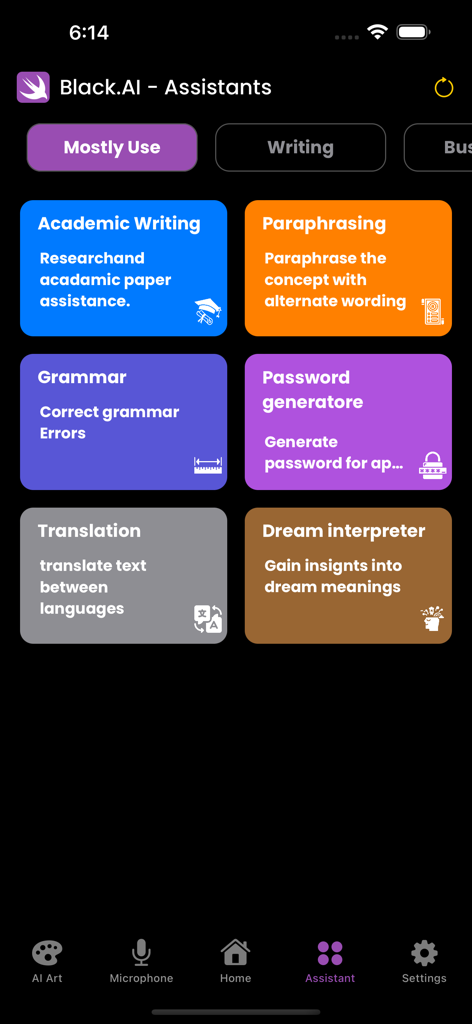 Black.AI app screen displaying various AI assistant tools including academic writing, translation, and grammar correction.
