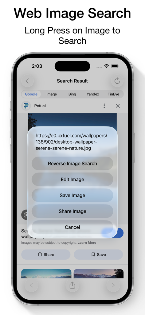 Reverse Image Search & AI Lens - Interface showing a long-press context menu on a web image to perform a reverse search using multiple engines.
