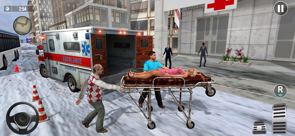 Paramedics loading a patient on a stretcher into an ambulance in a 3D city simulation