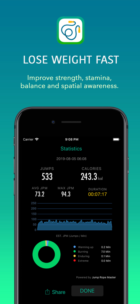 줄넘기 마스터 앱 인터페이스, 점프 횟수, 소모 칼로리, 강도 지속 시간 등 운동 통계 표시