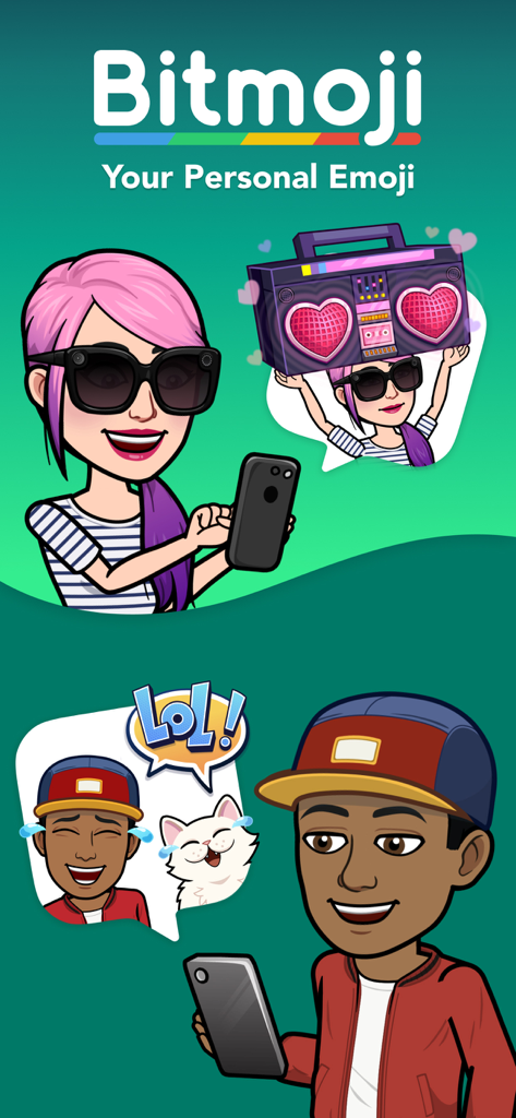 Dois avatares de desenho animado personalizados usando o aplicativo Bitmoji em seus smartphones com adesivos expressivos