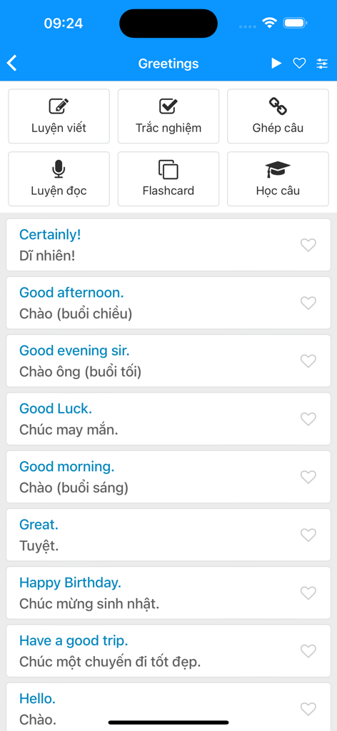 Un elenco di saluti inglesi comuni con traduzioni vietnamite in un'app di apprendimento linguistico.