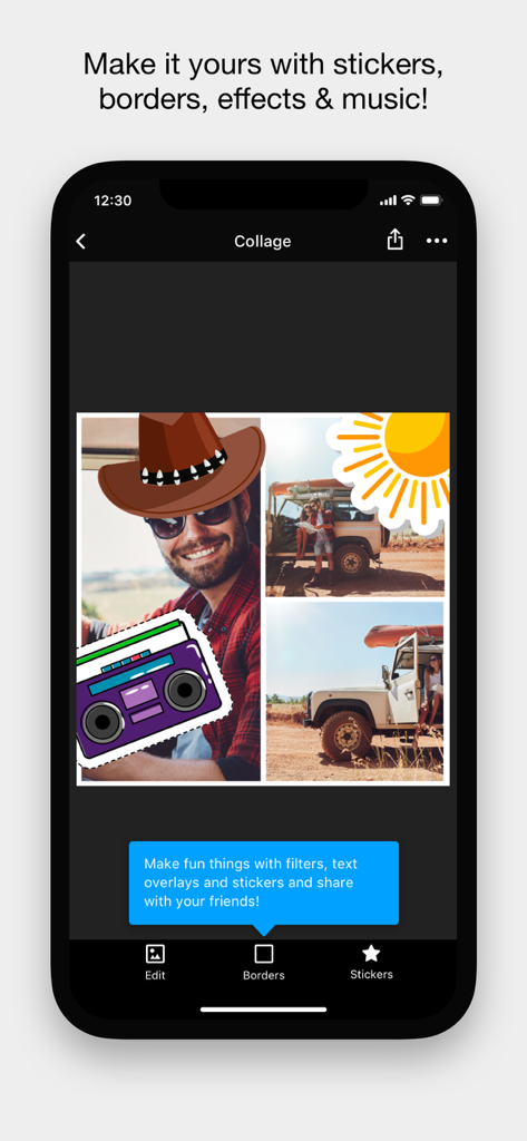 Una interfaz de aplicación móvil para crear un collage de fotos con pegatinas y bordes.