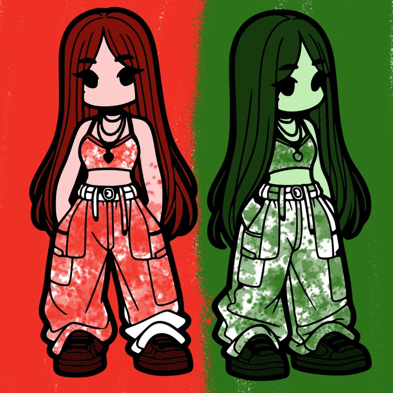 girl in baggy pants crop top and long hair