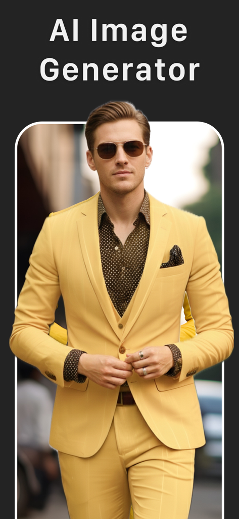 Photo Face Swap AI Editor App - A man in a stylish yellow suit and sunglasses created by an AI image generator