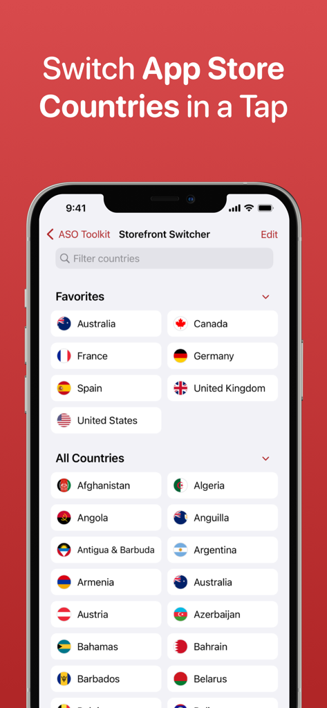 ASO Toolkit by Redbox Mobile - ASO Toolkit Storefront Switcher feature showing a list of global countries