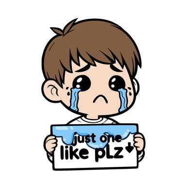 realistic crying boy with a sign saying just one like plz