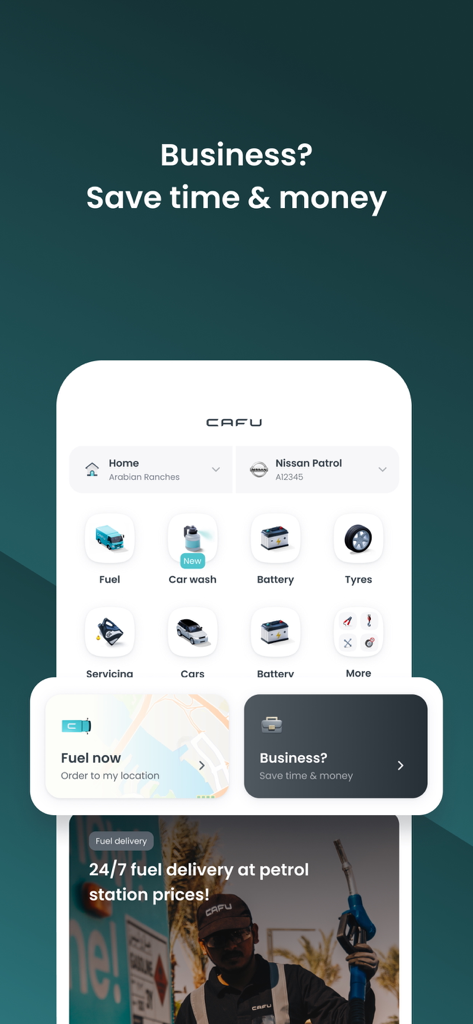 CAFU Fuel & Car Service To You - CAFU mobile app interface showing services for fuel delivery car wash and battery replacement