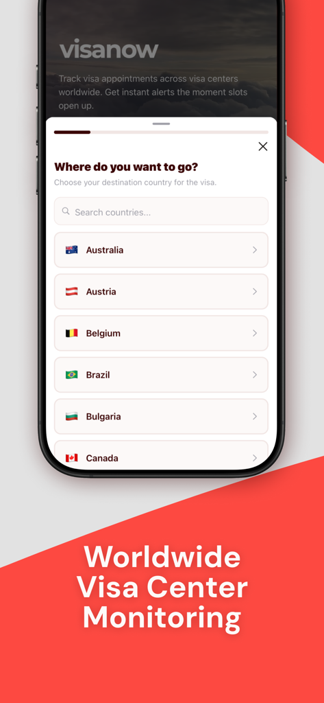 VisaNow: Find Visa Appointment - VisaNow app interface for selecting a destination country to monitor visa appointments worldwide