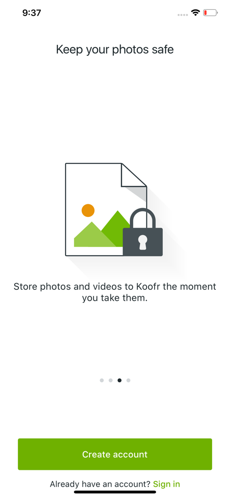 Koofr - Koofr app onboarding screen highlighting secure photo and video storage features