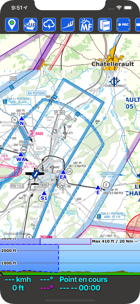 SDVFR - SDVFR mobile app showing a detailed aeronautical map and vertical flight profile for VFR navigation