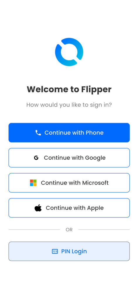 flipperrw - Flipper app welcome screen with multiple sign-in options including phone, Google, Microsoft, and Apple
