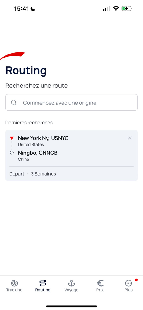 CMA CGM - CMA CGM mobile app routing finder interface showing a shipment search from New York to Ningbo