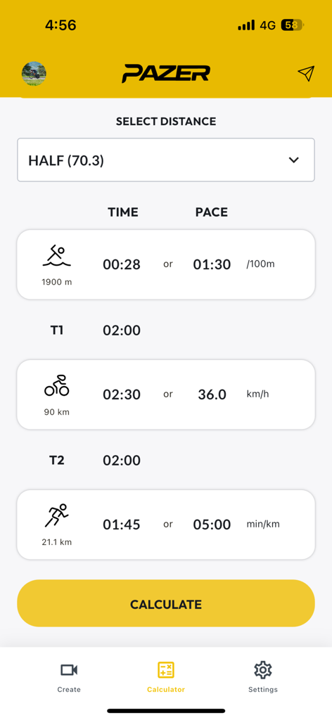 Pazer app triathlon time calculator for half 70.3 distance showing swim bike and run pace targets