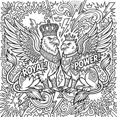 Dive into a vibrant world of fantasy with this stunning Royal Griffins Pop Art coloring page. Featuring majestic crowned griffins amid dynamic comic-style bursts, it's a truly engaging artistic challenge.