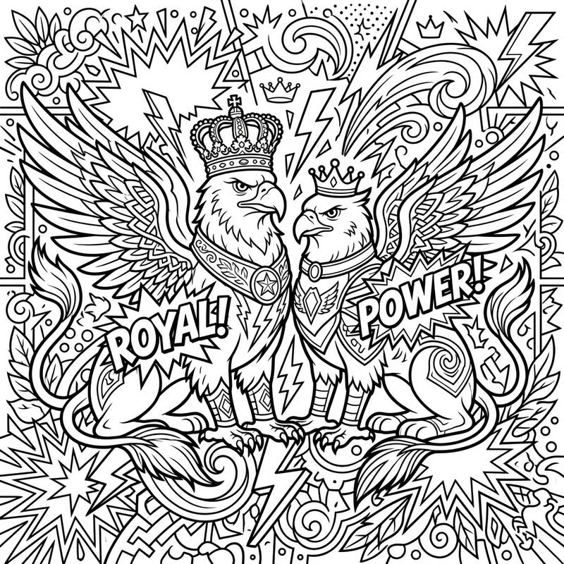 Dive into a vibrant world of fantasy with this stunning Royal Griffins Pop Art coloring page. Featuring majestic crowned griffins amid dynamic comic-style bursts, it's a truly engaging artistic challenge.
