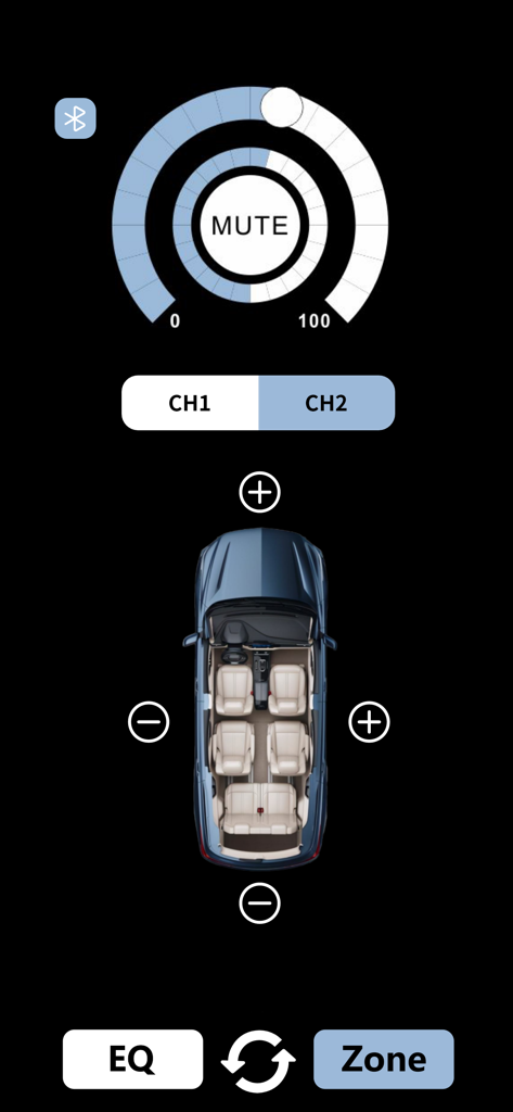 Car DSP Remote - Interface of the Car DSP Remote app showing car audio sound field adjustment and volume control dial.