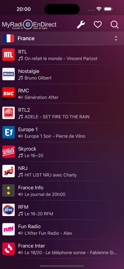 My Radio Endirect - France - List of popular French radio stations in the My Radio Endirect app interface