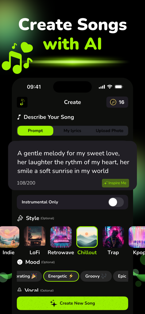 AI Music & Song Generator - AI - Interfaz de la aplicación Generador de Música IA mostrando una indicación de texto para la creación de canciones y opciones de estilo musical como LoFi y Chillout.