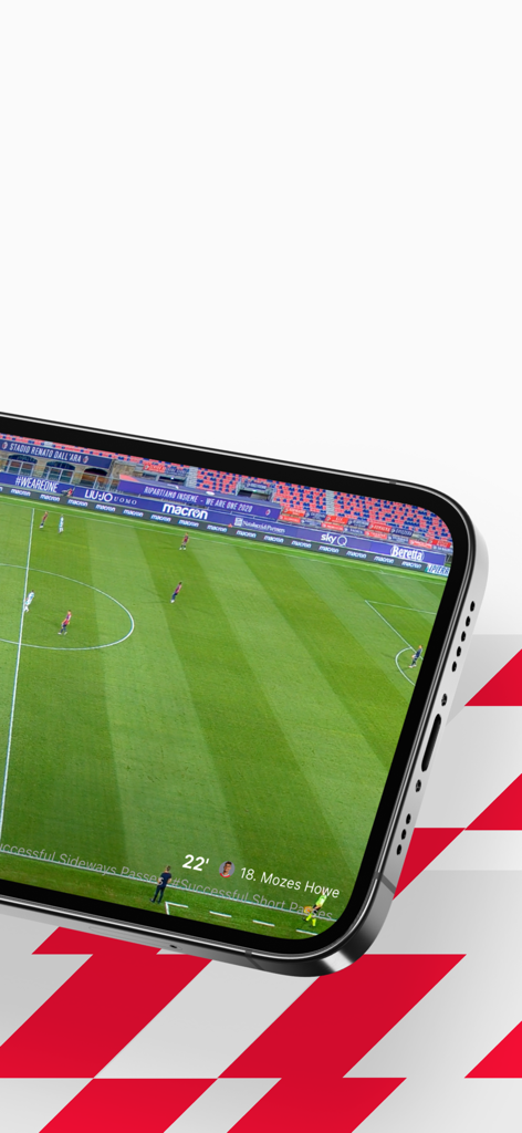 Smartphone screen displaying soccer match video analysis and player stats on the BEPRO Sports app