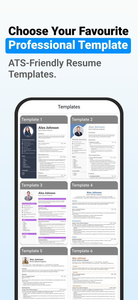 CV Maker, Resume Builder - Pantalla de un teléfono mostrando seis plantillas de currículum diferentes, profesionales y amigables con ATS, en la aplicación DuckResume.