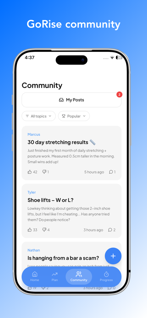 GoRise - Increase Your Height - In-app community forum of GoRise showing user discussions on stretching results and height growth tips