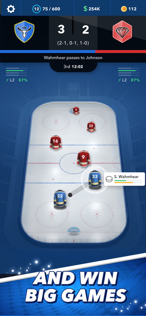 Top down hockey match simulation view showing players and scores in World Hockey Manager 2026