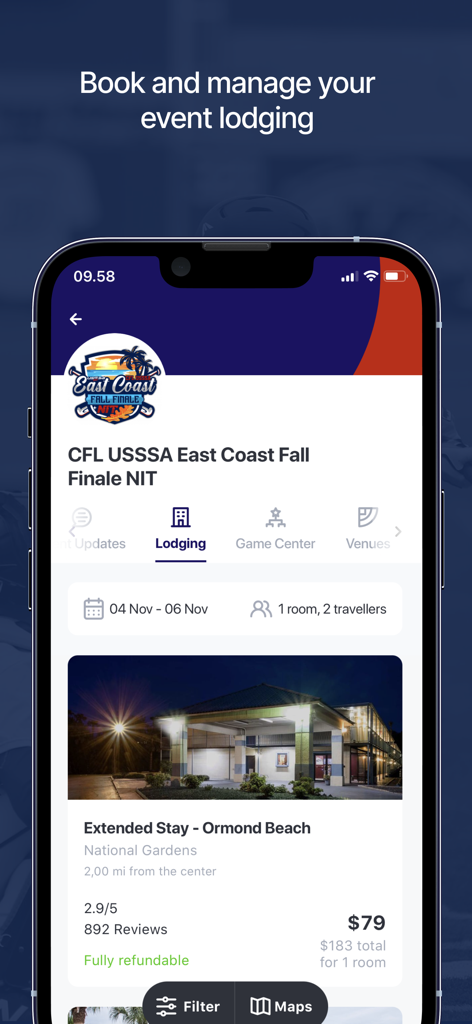USSSA - USSSAアプリのインターフェースに、スポーツトーナメント中のイベント宿泊予約と管理が表示されています