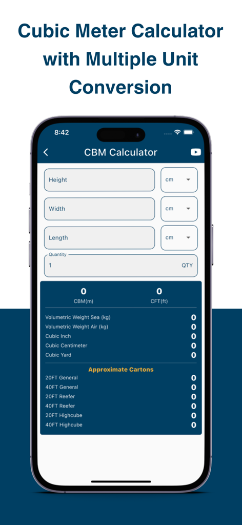 Mobile App-Oberfläche des CBM Rechners, die Eingabefelder für Höhe, Breite und Länge mit Ergebnissen der Volumenberechnung anzeigt.