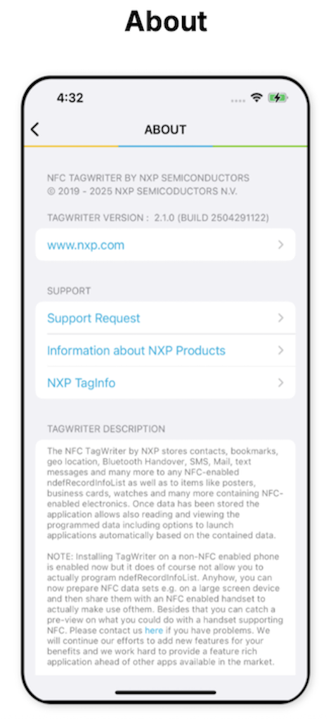 About screen of the NFC TagWriter by NXP app showing version information and support links
