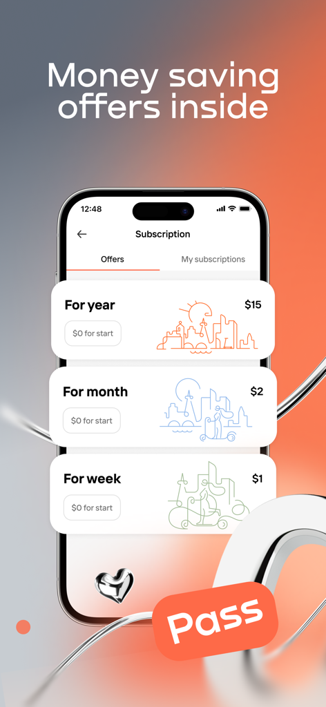 Whoosh bike app subscription screen displaying weekly monthly and yearly pass offers