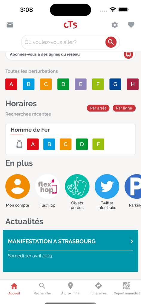Startbildschirm der CTS Transports Strasbourg App mit Linien und Fahrplänen