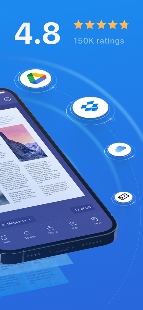 Scanner Mini app interface showing high user ratings and cloud storage integration for scanned documents
