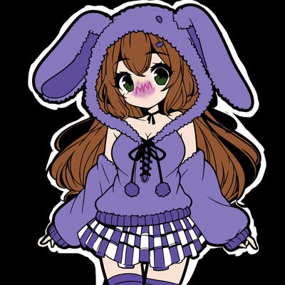 pretty anime girl wearing a fluffy hoodie with bunny ears on the hood and a skirt