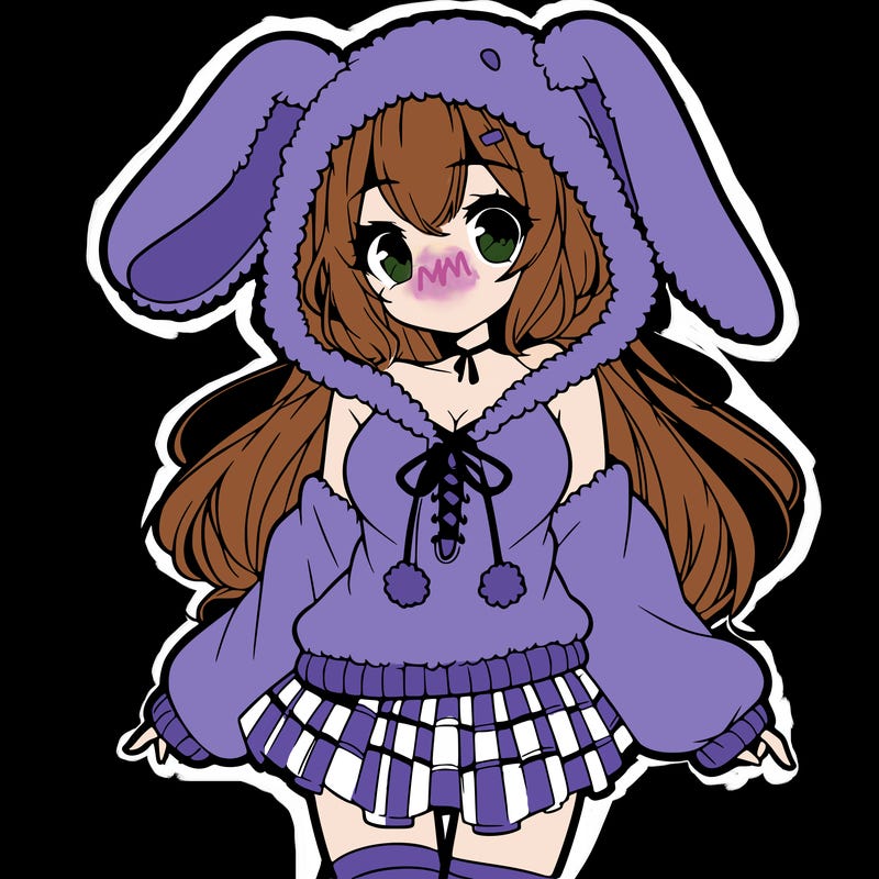 pretty anime girl wearing a fluffy hoodie with bunny ears on the hood and a skirt