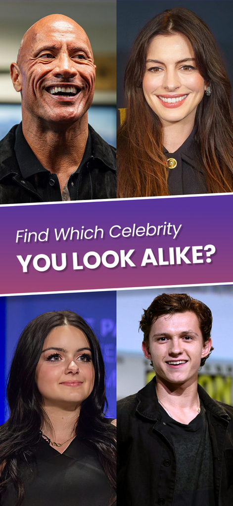 Four celebrity portraits around the text find which celebrity you look alike