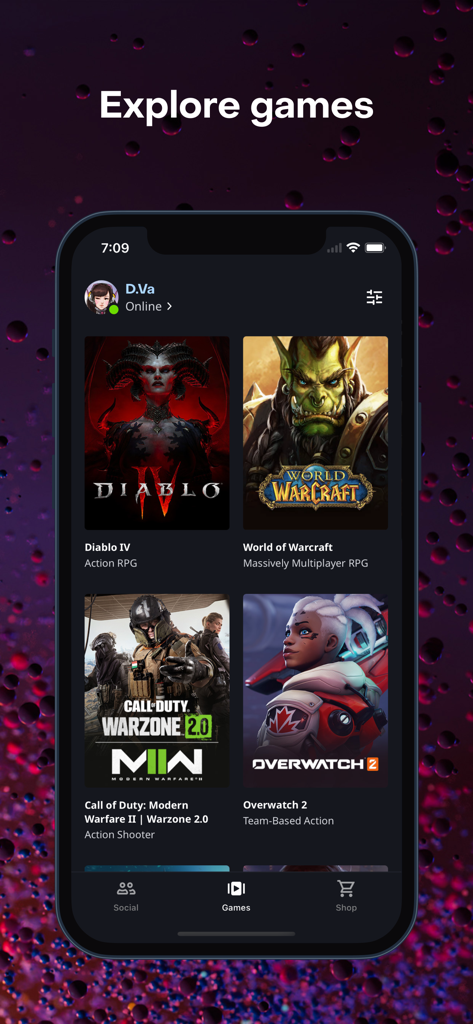 Battle.net mobile app interface showing a list of games including Diablo IV, World of Warcraft, Call of Duty, and Overwatch 2