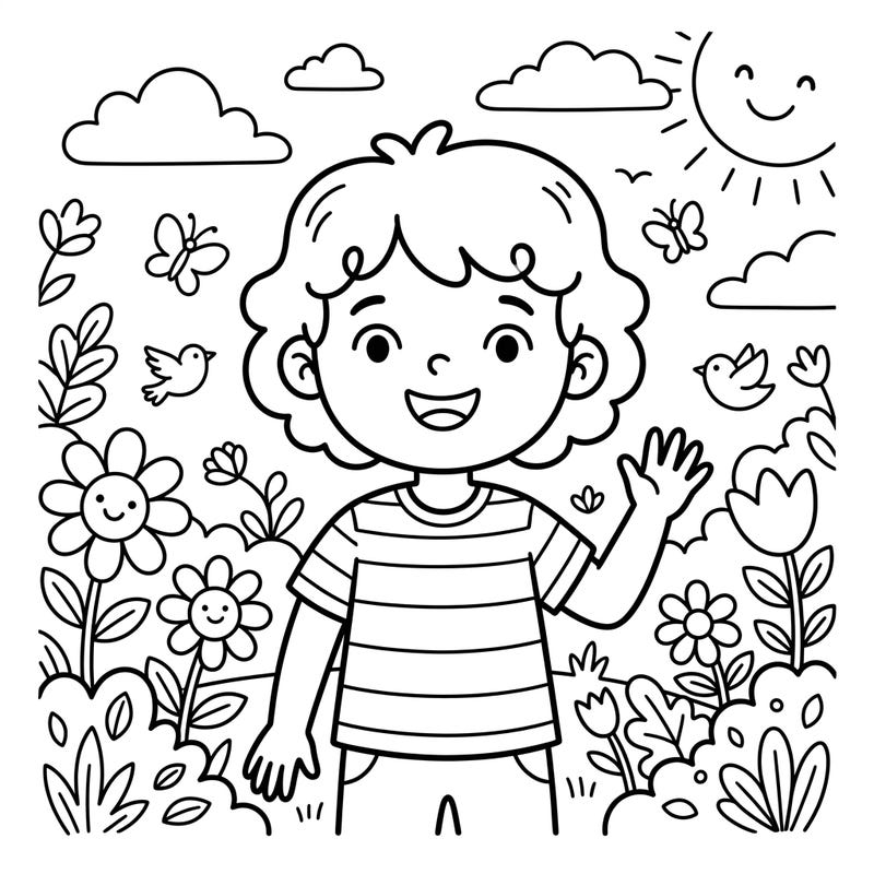 Encourage self-expression with this delightful coloring page featuring a cheerful child in a vibrant garden. Designed especially for young artists, it’s perfect for exploring colors and creativity.
