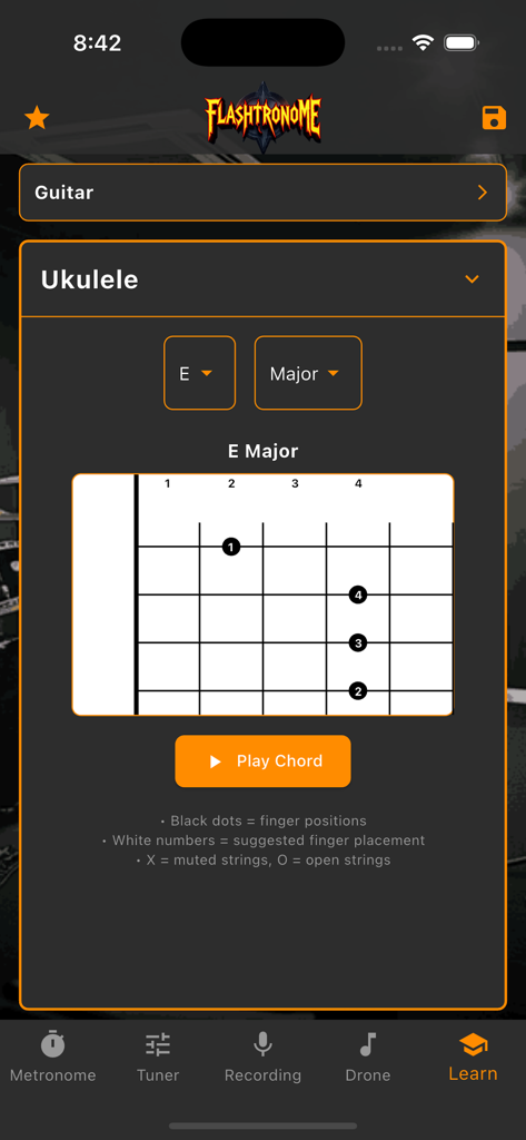 Flashtronome - Flashtronome app showing an E Major chord diagram for Ukulele in the Learn section