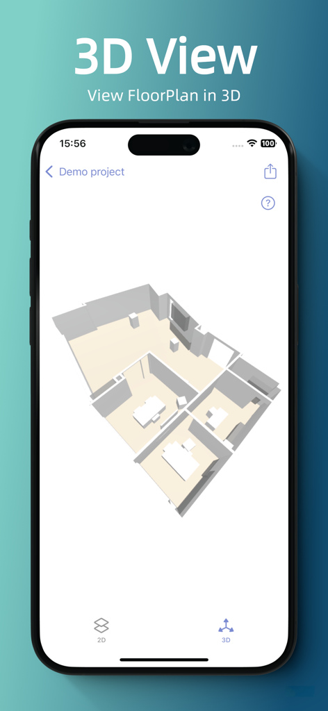 Room Scanner - Easy Measure Rm - Eine 3D-Grundrissvisualisierung, die auf einem Smartphone-Bildschirm in der Room Scanner-App angezeigt wird