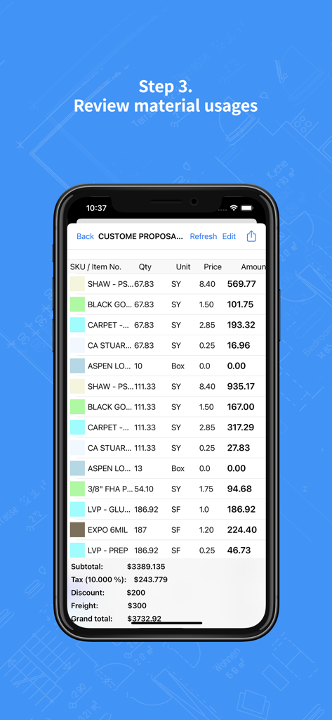 MeasureSquare Mobile - A smartphone screen showing a detailed construction material estimate and proposal with quantities and prices within the MeasureSquare Mobile app.