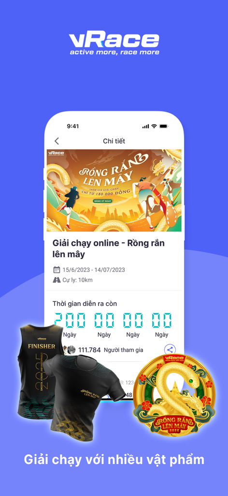 vRace app screen showing a virtual running event with finisher shirts and a gold medal
