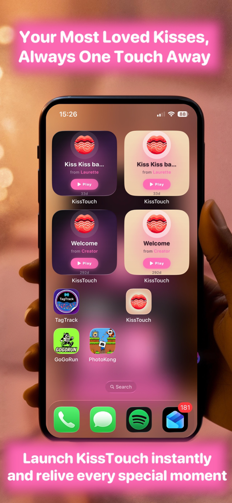 KissTouch : Couple Love App - An iPhone home screen featuring KissTouch widgets for playing saved kisses from a partner